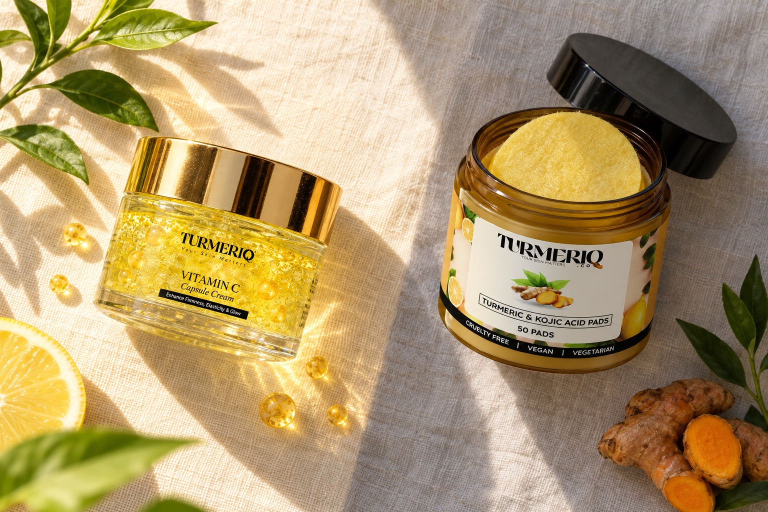 Vitamin C Capsule Cream jar beside the open Turmeric and Kojic Acid Pads jar