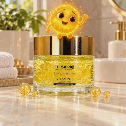 3D animation: vitamin C character on the TURMERIQ Vitamin C Capsule Cream jar