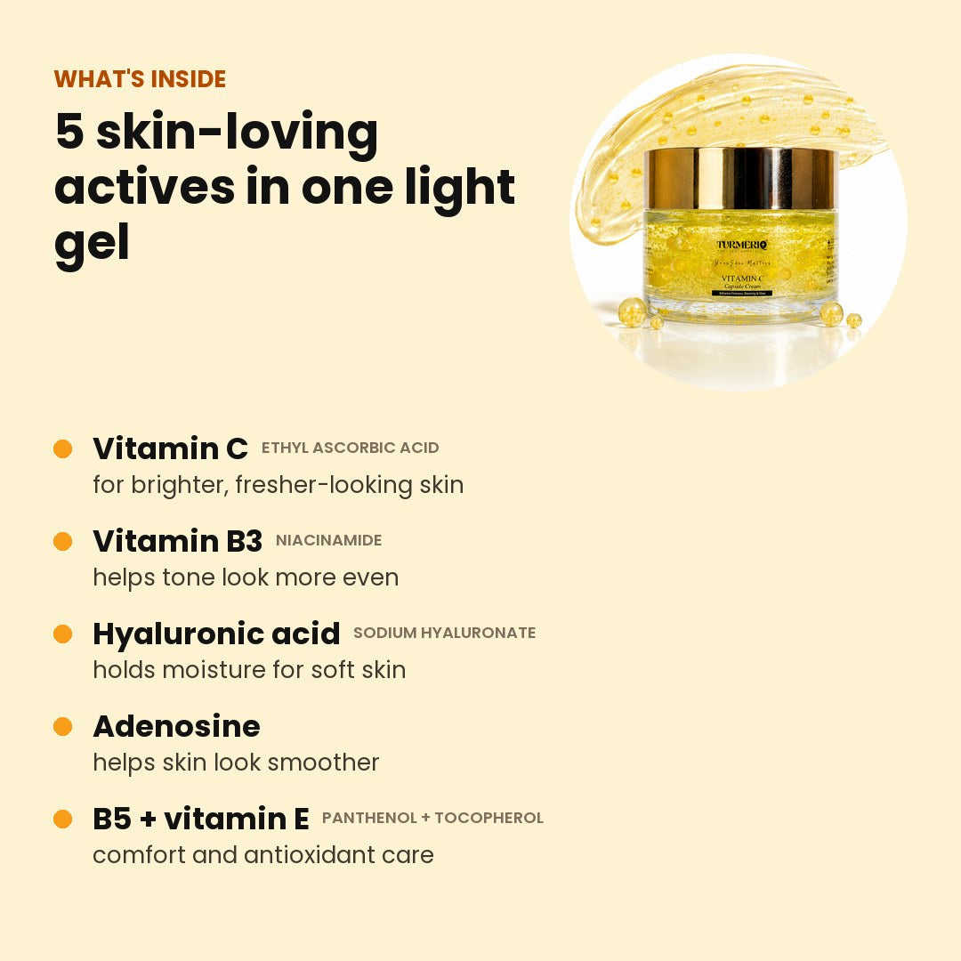 What's inside: vitamin C, niacinamide, hyaluronic acid, adenosine, B5 and vitamin E