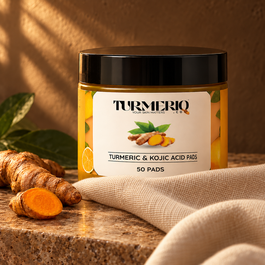 Turmeric and Kojic Acid cleansing pads, 50-pad jar in a styled turmeric setting